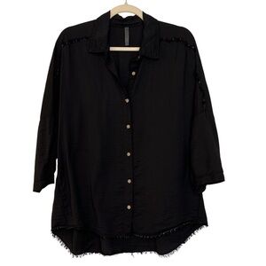 XCVI Relaxed Button Front Fringe Shirt Black Small Lagenlook Boho Western